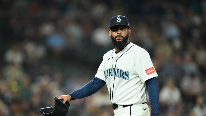Aug 4, 2026; Seattle, Washington, USA; Seattle Mariners relief pitcher Seranthony Domínguez (58) walks off the field after being pulled during the ninth inning against the Detroit Tigers at T-Mobile Park. Mandatory Credit: Steven Bisig-Imagn Images