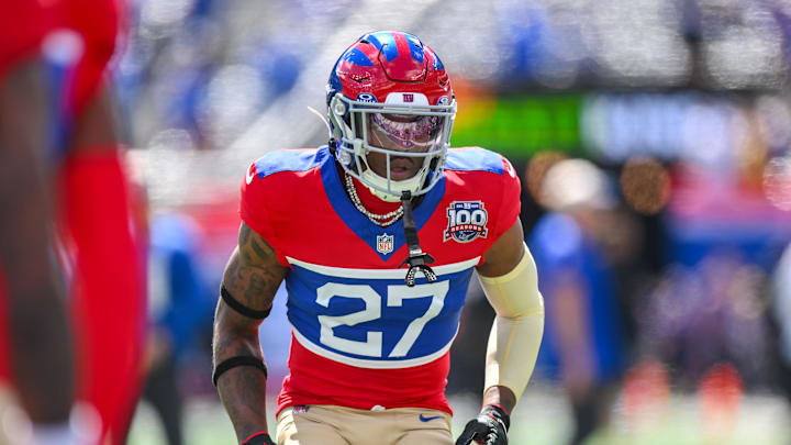 Sep 8, 2024; East Rutherford, New Jersey, USA; New York Giants safety Jason Pinnock (27) warms up before a game against the Minnesota Vikings at MetLife Stadium. Mandatory Credit: John Jones-Imagn Images