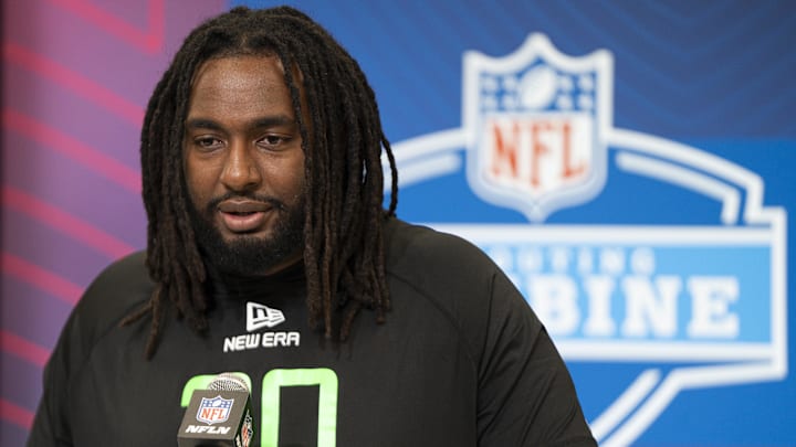 Mar 1, 2025; Indianapolis, IN, USA; Ohio State University offensive lineman Donovan Jackson (OL20) answers questions at a press conference during the 2025 NFL Combine at Indiana Convention Center. Mandatory Credit: Jacob Musselman-Imagn Images