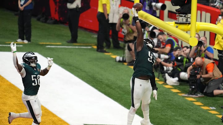 Philadelphia Eagles defensive tackle Milton Williams reacts after causing a fumble against the Kansas City Chiefs