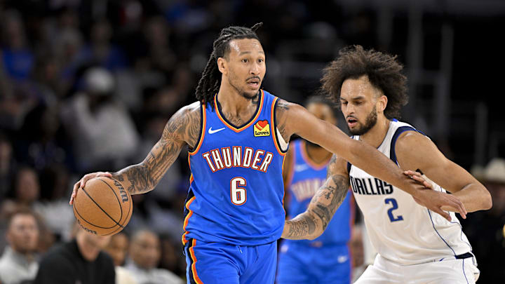 Oct 6, 2025; Fort Worth, Texas, USA; Oklahoma City Thunder forward Jaylin Williams (6) looks to move the ball past Dallas Mavericks center Dereck Lively II (2) during the second quarter at Dickie's Arena. Mandatory Credit: Jerome Miron-Imagn Images Oct 6, 2025; Fort Worth, Texas, USA; Oklahoma City Thunder forward Jaylin Williams (6) looks to move the ball past Dallas Mavericks center Dereck Lively II (2) during the second quarter at Dickie's Arena. Mandatory Credit: Jerome Miron-Imagn Images