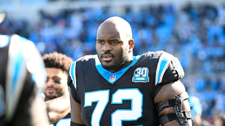 Carolina Panthers offensive tackle Taylor Moton on the sidelines before the game at Bank of America Stadium.