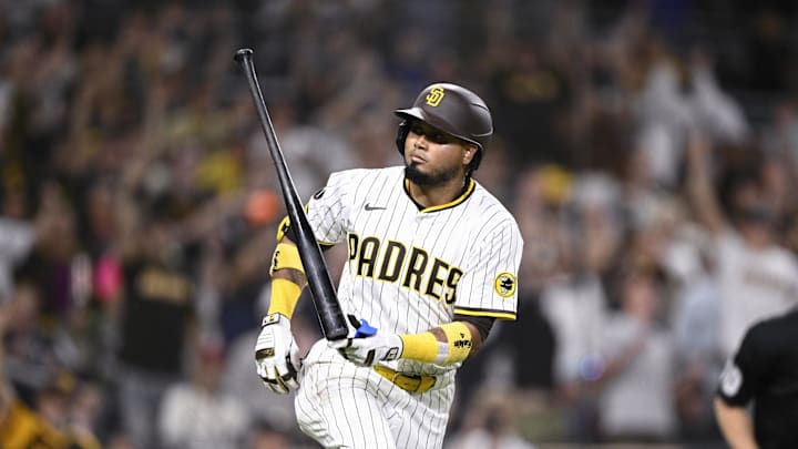 Jul 8, 2025; San Diego, California, USA; San Diego Padres first baseman Luis Arraez (4) tosses his bat after hitting a solo home run during the seventh inning against the Arizona Diamondbacks at Petco Park. Mandatory Credit: Denis Poroy-Imagn Images Jul 8, 2025; San Diego, California, USA; San Diego Padres first baseman Luis Arraez (4) tosses his bat after hitting a solo home run during the seventh inning against the Arizona Diamondbacks at Petco Park. Mandatory Credit: Denis Poroy-Imagn Images