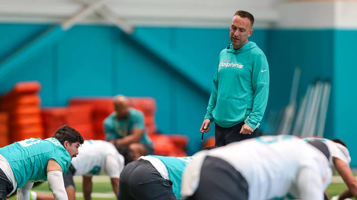 Miami Dolphins head coach Jeff Hafley works with his players during rookie minicamp at Baptist Health Training Complex. Miami Dolphins head coach Jeff Hafley works with his players during rookie minicamp at Baptist Health Training Complex.