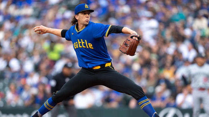 Seattle Mariners starter Logan Gilbert (36) delivers a pitch during the first inning against the Minnesota Twins at T-Mobile Park on June 28. Seattle Mariners starter Logan Gilbert (36) delivers a pitch during the first inning against the Minnesota Twins at T-Mobile Park on June 28.