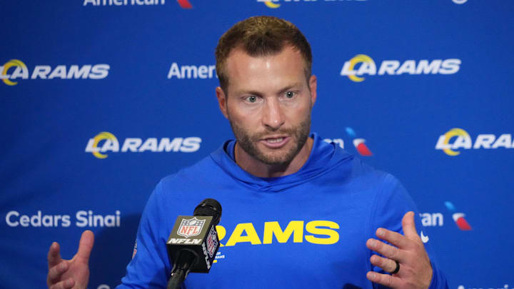 Oct 19, 2025; London, United Kingdom; Los Angeles Rams head coach Sean McVay at a press conference after a NFL International Series game against the Jacksonville Jaguars at Wembley Stadium. Mandatory Credit: Kirby Lee-Imagn Images