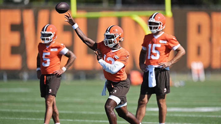 Browns quarterbacks Joe Flacco, Shedeur Sanders and Dillon Gabriel are all competing for the starting job and a roster spot. 