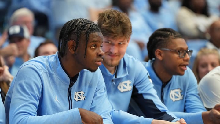 Feb 14, 2026; Chapel Hill, North Carolina, USA; North Carolina Tar Heels forward Caleb Wilson (8) and center Henri Veesaar (13) on the bench in the second half at Dean E. Smith Center. Mandatory Credit: Bob Donnan-Imagn Images Feb 14, 2026; Chapel Hill, North Carolina, USA; North Carolina Tar Heels forward Caleb Wilson (8) and center Henri Veesaar (13) on the bench in the second half at Dean E. Smith Center. Mandatory Credit: Bob Donnan-Imagn Images