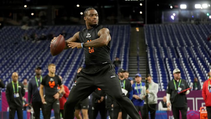 Mar 1, 2025; Indianapolis, IN, USA; Alabama quarterback Jalen Milroe (QB11) during the 2025 NFL Combine at Lucas Oil Stadium. Mandatory Credit: Kirby Lee-Imagn Images