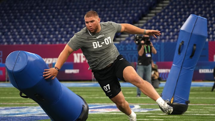 Feb 29, 2024; Indianapolis, IN, USA; Florida State defensive lineman Braden Fiske (DL07) works out