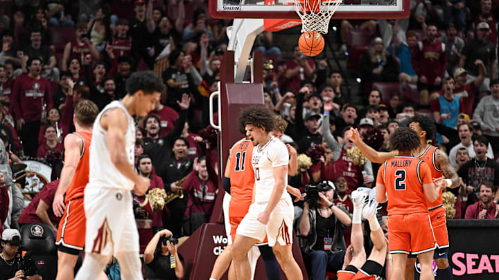 Feb 10, 2026; Tallahassee, Florida, USA; Florida State Seminoles guard Lajae Jones (10) reacts after an and one during the first half against the Virginia Cavaliers at Donald L. Tucker Center. Mandatory Credit: Melina Myers-Imagn Images