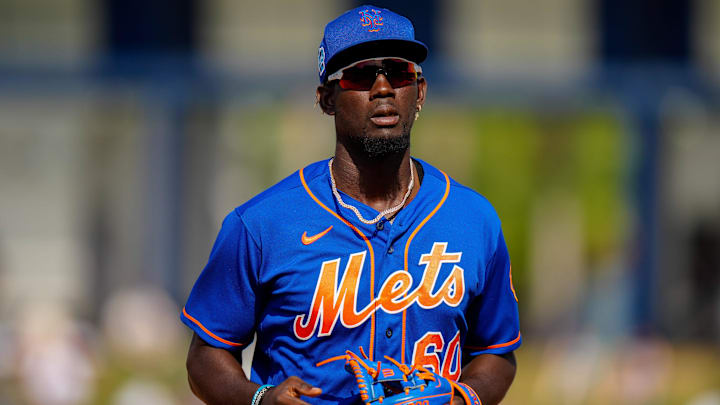 Mar 3, 2023; Port St. Lucie, Florida, USA; New York Mets shortstop Ronny Mauricio (60) runs off the