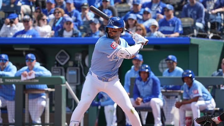 Apr 10, 2025; Kansas City, Missouri, USA; Kansas City Royals left fielder MJ Melendez (1) at bat against the Minnesota Twins during the game at Kauffman Stadium. Mandatory Credit: Denny Medley-Imagn Images Apr 10, 2025; Kansas City, Missouri, USA; Kansas City Royals left fielder MJ Melendez (1) at bat against the Minnesota Twins during the game at Kauffman Stadium. Mandatory Credit: Denny Medley-Imagn Images