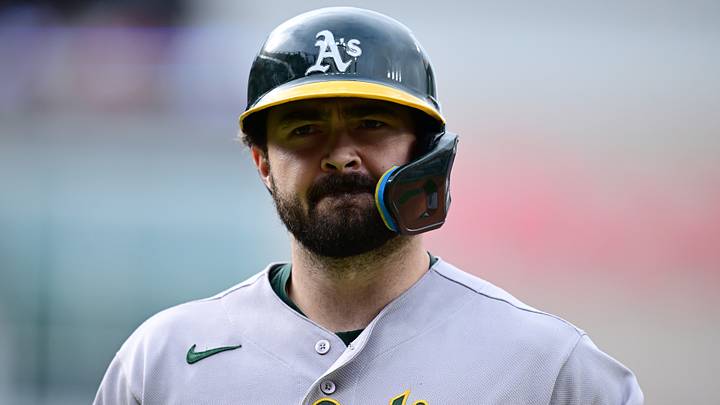 Sep 20, 2026; Cleveland, Ohio, USA;  Athletics designated hitter Shea Langeliers (23) reacts after flying out during the sixth inning against the Cleveland Guardians at Progressive Field.  Mandatory Credit: David Dermer-Imagn Images