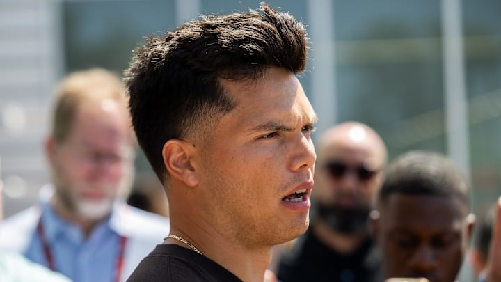 May 10, 2025; Berea, OH, USA; Cleveland Browns quarterback Dillon Gabriel (5) talks to the media during rookie minicamp at CrossCountry Mortgage Campus. Mandatory Credit: Ken Blaze-Imagn Images