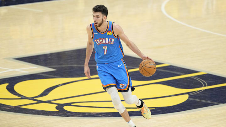 Oklahoma City Thunder forward Chet Holmgren (7) dribbles the ball against the Indiana Pacers during the first half during game four of the 2025 NBA Finals at Gainbridge Fieldhouse.
