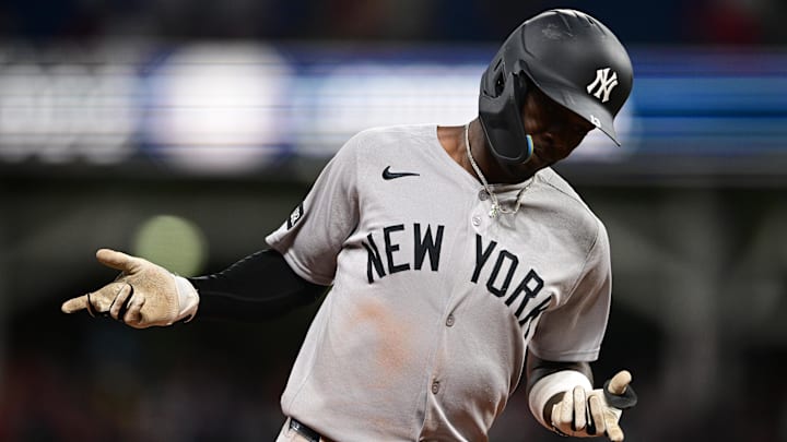 Apr 21, 2025; Cleveland, Ohio, USA; New York Yankees second baseman Jazz Chisholm Jr. (13) runs the bases after hitting a two run home run off Cleveland Guardians relief pitcher Paul Sewald (34) during the eighth inning at Progressive Field. Mandatory Credit: David Dermer-Imagn Images