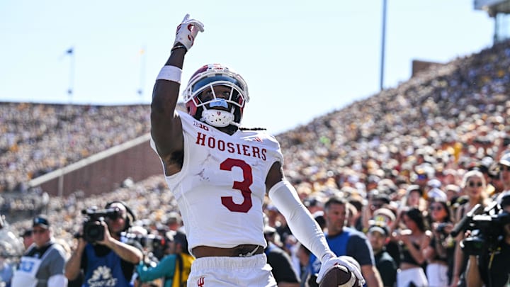 Sep 27, 2025; Iowa City, Iowa, USA; Indiana Hoosiers wide receiver Omar Cooper Jr. (3) reacts after a touchdown reception against the Iowa Hawkeyes during the first quarter at Kinnick Stadium. Mandatory Credit: Jeffrey Becker-Imagn Images