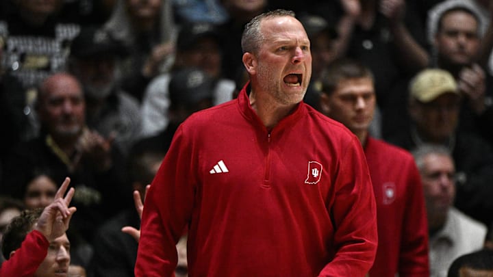Feb 20, 2026; West Lafayette, Indiana, USA; Indiana Hoosiers head coach Darian Devries reacts to a call during the first half against the Purdue Boilermakers at Mackey Arena. Mandatory Credit: Marc Lebryk-Imagn Images