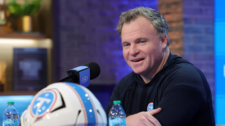 Titans general manager Mike Borgonzi speaks to members of the media during a pre NFL draft press conference held at the Titans practice facility Thursday, April 16, 2026.