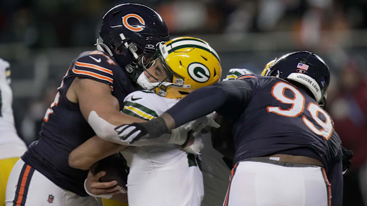 Chicago Bears defensive end Austin Booker (94) sacks and injures Green Bay Packers quarterback Jordan Love (10) during the second quarter of their game Saturday, December 20, 2025 at Soldier Field in Chicago, Illinois. Love left the game and the Bears were penalized for the hit.