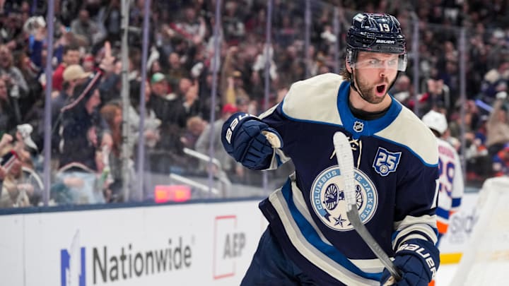 Feb 28, 2026; Columbus, Ohio, USA;  Columbus Blue Jackets center Adam Fantilli (19) celebrates scoring a goal against the New York Islanders in the second period at Nationwide Arena. Mandatory Credit: Aaron Doster-Imagn Images