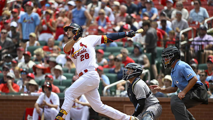 Aug 7, 2022; St. Louis, Missouri, USA;  St. Louis Cardinals third baseman Nolan Arenado (28) hits a
