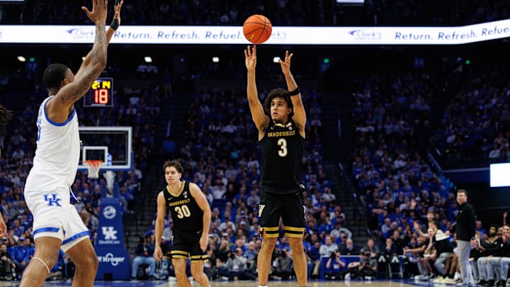 Feb 19, 2025; Lexington, Kentucky, USA; Vanderbilt Commodores guard Tyler Tanner (3) shoots the ball during the first half against the Kentucky Wildcats at Rupp Arena at Central Bank Center. Mandatory Credit: Jordan Prather-Imagn Images