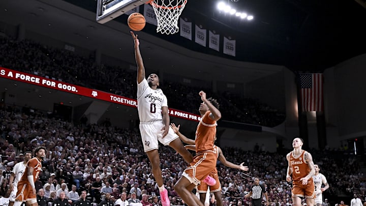 Feb 28, 2026; College Station, Texas, USA; Texas A&M Aggies guard Marcus Hill (0) makes a lay up during the second half against the Texas Longhorns at Reed Arena. Mandatory Credit: Maria Lysaker-Imagn Images Feb 28, 2026; College Station, Texas, USA; Texas A&M Aggies guard Marcus Hill (0) makes a lay up during the second half against the Texas Longhorns at Reed Arena. Mandatory Credit: Maria Lysaker-Imagn Images