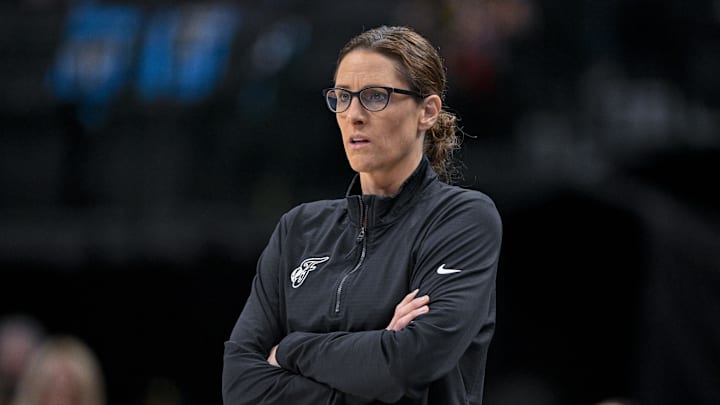 Aug 1, 2025; Dallas, Texas, USA; Indiana Fever head coach Stephanie White during the game between the Dallas Wings and the Indiana Fever at the American Airlines Center. Mandatory Credit: Jerome Miron-Imagn Images Aug 1, 2025; Dallas, Texas, USA; Indiana Fever head coach Stephanie White during the game between the Dallas Wings and the Indiana Fever at the American Airlines Center. Mandatory Credit: Jerome Miron-Imagn Images