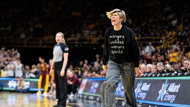 Iowa head coach Jan Jensen shouts after a call by an official against the Hawkeyes on Feb. 5, 2026, at Carver-Hawkeye Arena.