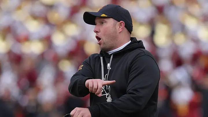 Arizona State football head coach Kenny Dillingham reacts during the first quarter against Iowa State in the Big 12 showdown at Jack Trice Stadium on Nov. 1, 2025, in Ames, Iowa. Arizona State football head coach Kenny Dillingham reacts during the first quarter against Iowa State in the Big 12 showdown at Jack Trice Stadium on Nov. 1, 2025, in Ames, Iowa.