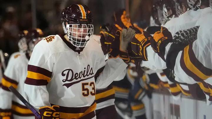ASU Sun Devils forward Ryan Alexander (53) celebrates his goal against the Augustana Vikings at Mullett Arena in Tempe on Jan. 19, 2024. ASU Sun Devils forward Ryan Alexander (53) celebrates his goal against the Augustana Vikings at Mullett Arena in Tempe on Jan. 19, 2024.