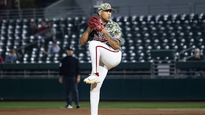 Alabama pitcher Myles Upchurch prepares to pitch in the third game of the series against Rhode Island on Feb. 21, 2026.
