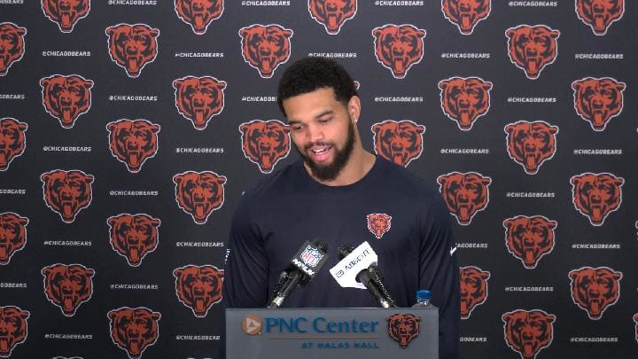 Caleb Williams talks with reporters about his ambitions for 2026 on Monday at Halas Hall.