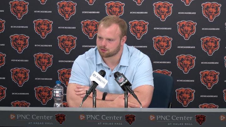 Former Iowa center Logan Jones meets with the Halas Hall media the day after being drafted in Round 2 by the Bears.