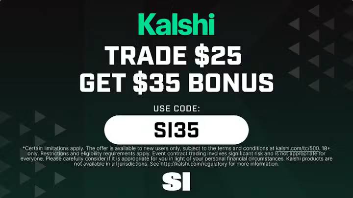 Trade $25, get $35 with Kalshi promo code SI35 for Week 1 College Football. Claim your welcome bonus today with this Kalshi promo code. Trade $25, get $35 with Kalshi promo code SI35 for Week 1 College Football. Claim your welcome bonus today with this Kalshi promo code.