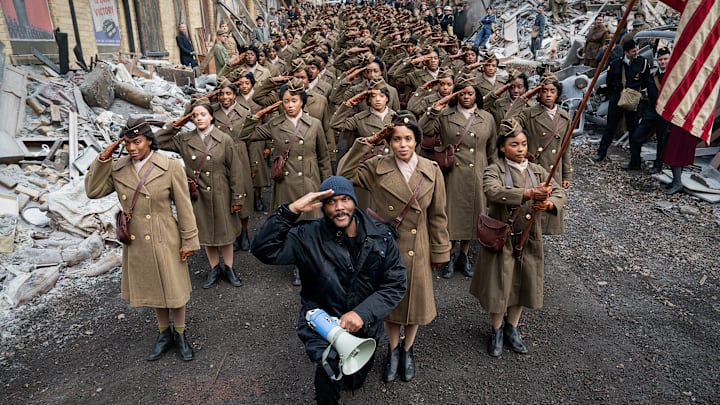 Six Triple Eight. Writer/Director/Producer Tyler Perry, Kerry Washington and the cast of Six Triple Eight.