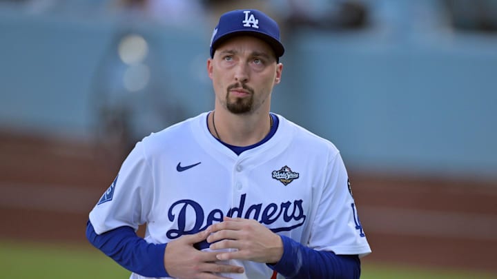 Oct 29, 2025; Los Angeles, California, USA; Los Angeles Dodgers pitcher Blake Snell (7) warms up before game five of the 2025 MLB World Series against the Toronto Blue Jays at Dodger Stadium. Mandatory Credit: Jayne Kamin-Oncea-Imagn Images