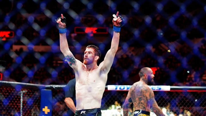 Mar 25, 2023; San Antonio, Texas, USA; Cory Sandhagen (blue gloves) reacts after defeating Marlon