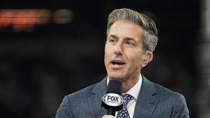 Oct 27, 2023; Arlington, TX, USA; FOX MLB host Kevin Burkhardt before game one of the 2023 World Series between the Arizona Diamondbacks and Texas Rangers at Globe Life Field. Mandatory Credit: Raymond Carlin III-Imagn Images