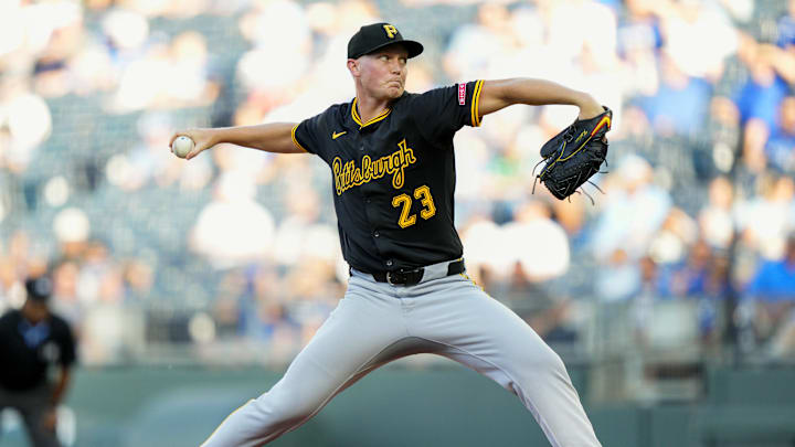 Jul 8, 2025; Kansas City, Missouri, USA; Pittsburgh Pirates starting pitcher Mitch Keller (23) pitches during the first inning against the Kansas City Royals at Kauffman Stadium. Mandatory Credit: Jay Biggerstaff-Imagn Images