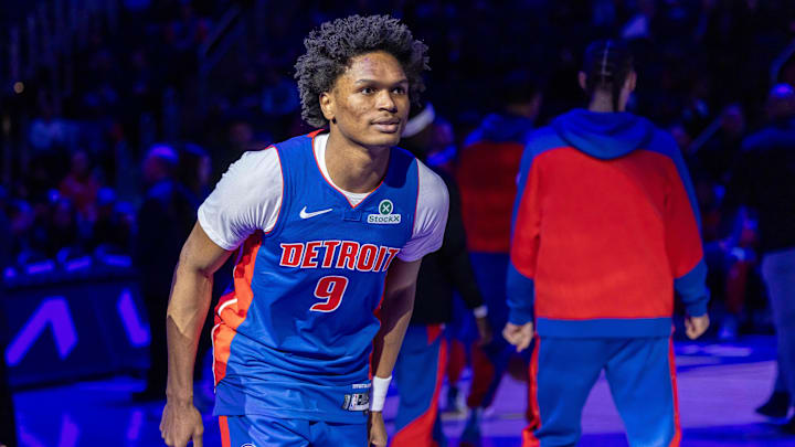 Mar 11, 2025; Detroit, Michigan, USA; Detroit Pistons forward Ausar Thompson (9) is introduced before the game against the Washington Wizards  during the first half at Little Caesars Arena. Mandatory Credit: David Reginek-Imagn Images