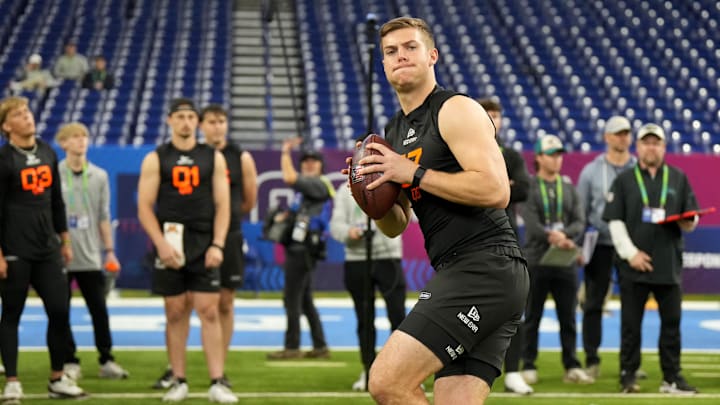 Mar 1, 2025; Indianapolis, IN, USA; Ohio State quarterback Will Howard (QB07) during the 2025 NFL Combine at Lucas Oil Stadium. Mandatory Credit: Kirby Lee-Imagn Images