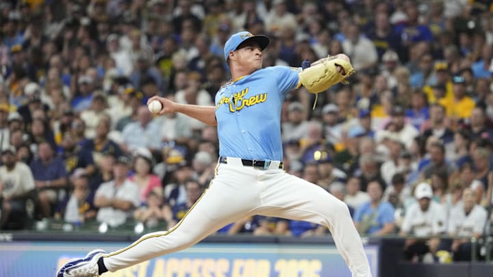 Aug 9, 2025; Milwaukee, Wisconsin, USA; Milwaukee Brewers pitcher Tobias Myers (36) delivers a pitch against the New York Mets in the first inning at American Family Field. Mandatory Credit: Michael McLoone-Imagn Images