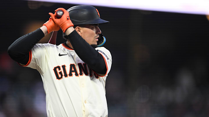 Apr 23, 2025; San Francisco, California, USA; San Francisco Giants shortstop Willy Adames (2) prepares to bat against the Milwaukee Brewers in the third inning at Oracle Park. Mandatory Credit: Eakin Howard-Imagn Images