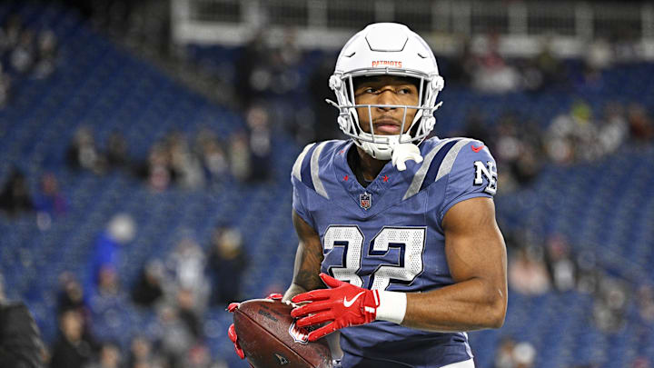 New England Patriots running back TreVeyon Henderson (32) looks on before the start of the game against the New York Jets at Gillette Stadium. 
