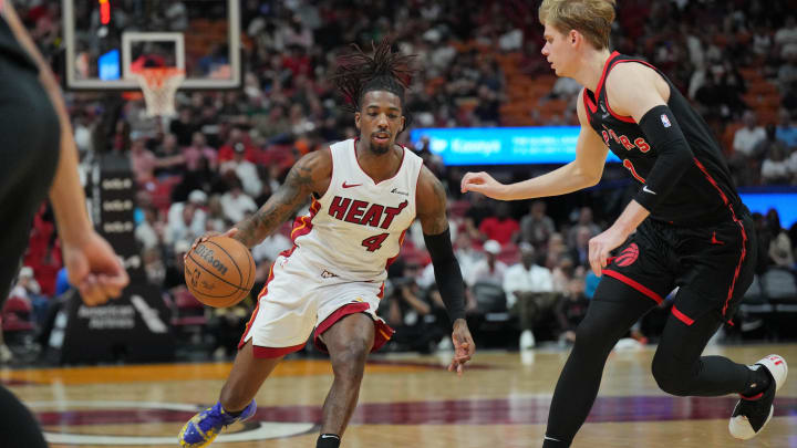 Apr 14, 2024; Miami, Florida, USA;  Miami Heat guard Delon Wright (4) is back in the lineup tonight against the Boston Celtics after missing last game for personal reasons - Jim Rassol/USA TODAY Sports