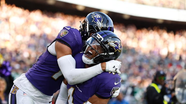Nov 23, 2025; Baltimore, Maryland, USA; Baltimore Ravens cornerback Marlon Humphrey (44) celebrates with Baltimore Ravens safety Kyle Hamilton (14) after forcing a fumble during the fourth quarter against the New York Jets at M&T Bank Stadium. Mandatory Credit: Peter Casey-Imagn Images Nov 23, 2025; Baltimore, Maryland, USA; Baltimore Ravens cornerback Marlon Humphrey (44) celebrates with Baltimore Ravens safety Kyle Hamilton (14) after forcing a fumble during the fourth quarter against the New York Jets at M&T Bank Stadium. Mandatory Credit: Peter Casey-Imagn Images