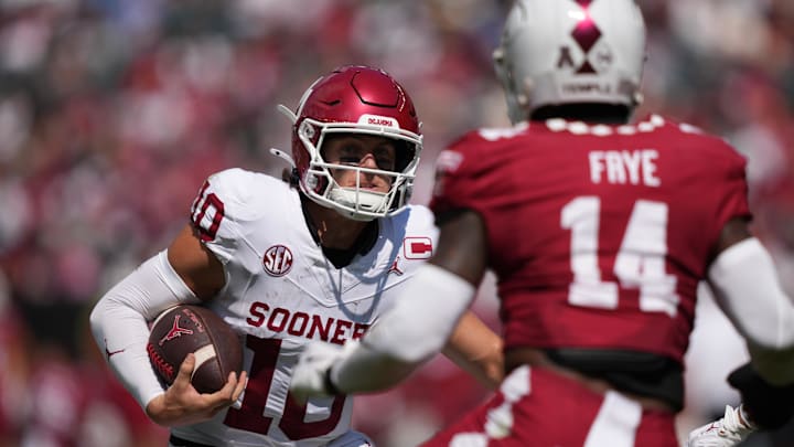 Quarterback John Mateer (10) will lead No. 11 Oklahoma against No. 22 Auburn on Saturday.